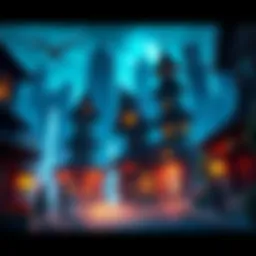 A dark fantasy setting showing NPC Town with its unique buildings and characters in Shattered Paradise.
