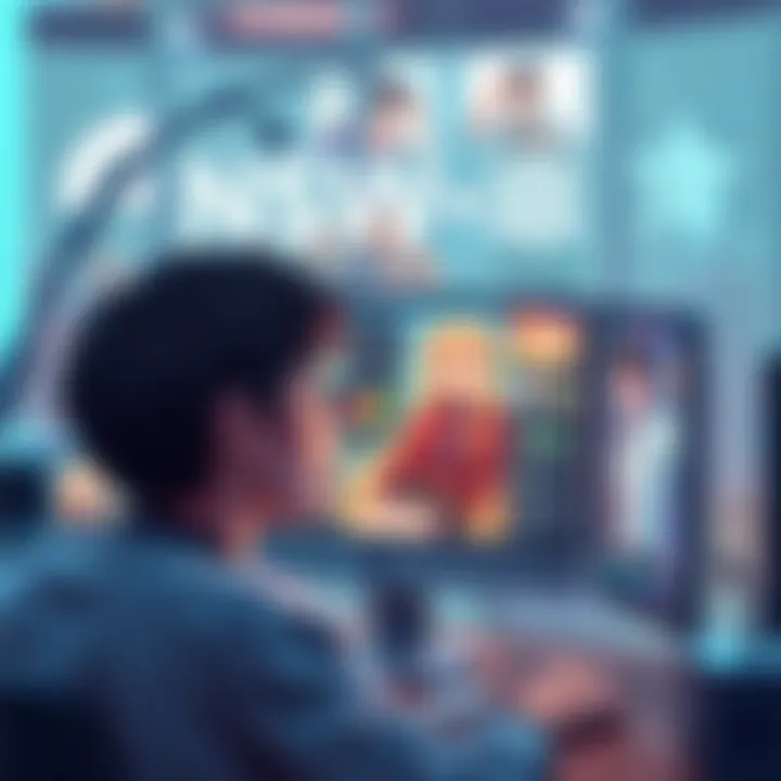 A person looking at a computer screen, confused about new NSFW illustration tags, with images of characters in the background