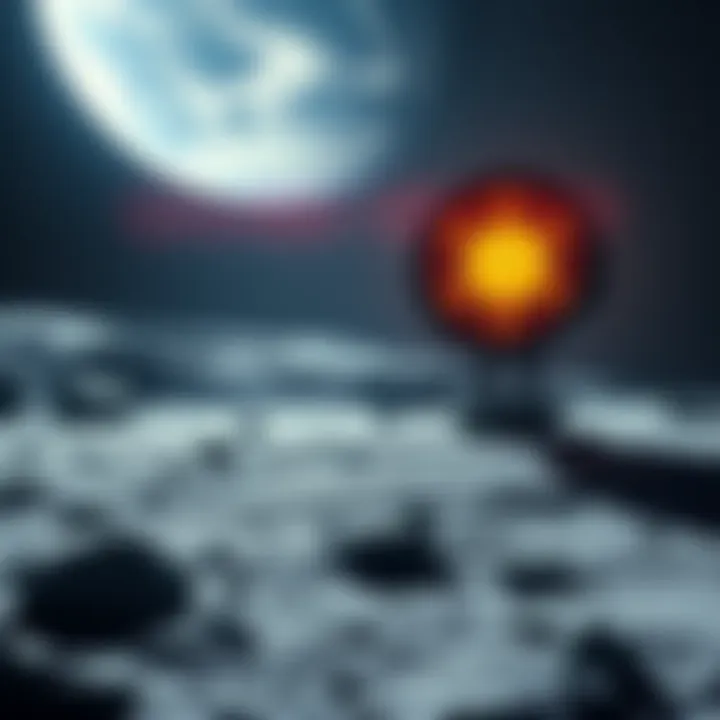 A futuristic nuclear reactor installed on the lunar surface, with Earth visible in the background, symbolizing energy production for space missions.