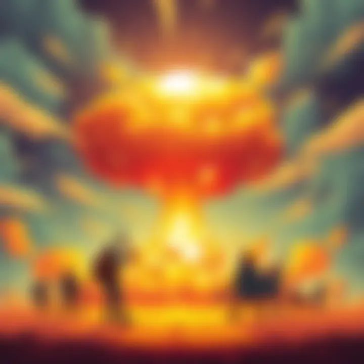 A vibrant display of a nuclear explosion in a 2D pixel art style, showing a bright flash and expanding shape overlay, with transformed characters reacting to the blast.