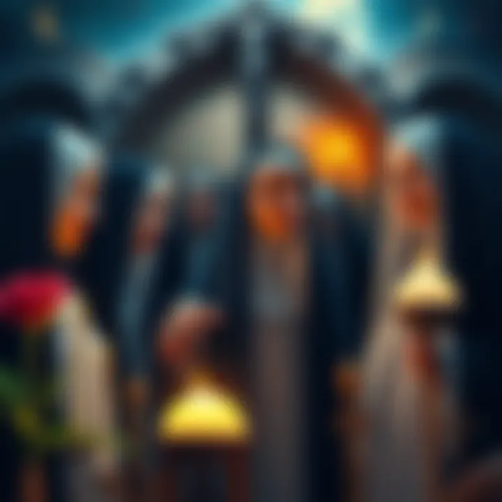 A representation of nuns in traditional attire surrounded by artistic elements, showcasing their roles in spiritual and cultural contexts