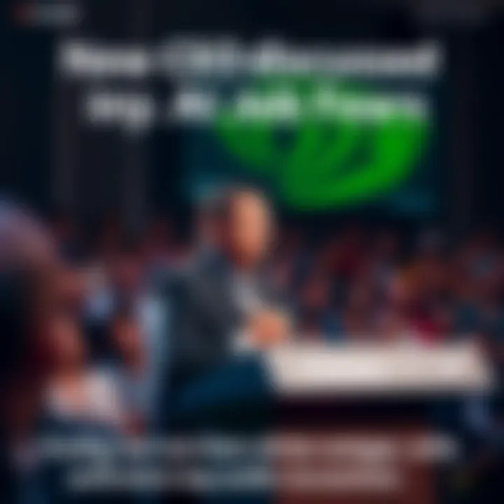 Nvidia CEO speaking at a podium about the future of AI and job opportunities, with a confident expression and audience in the background