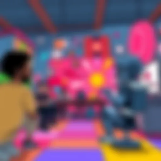 A cartoon depicting characters discussing the effects of AI art in a colorful setting