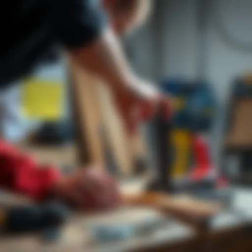 A person adjusting a misaligned object on a workbench with tools nearby