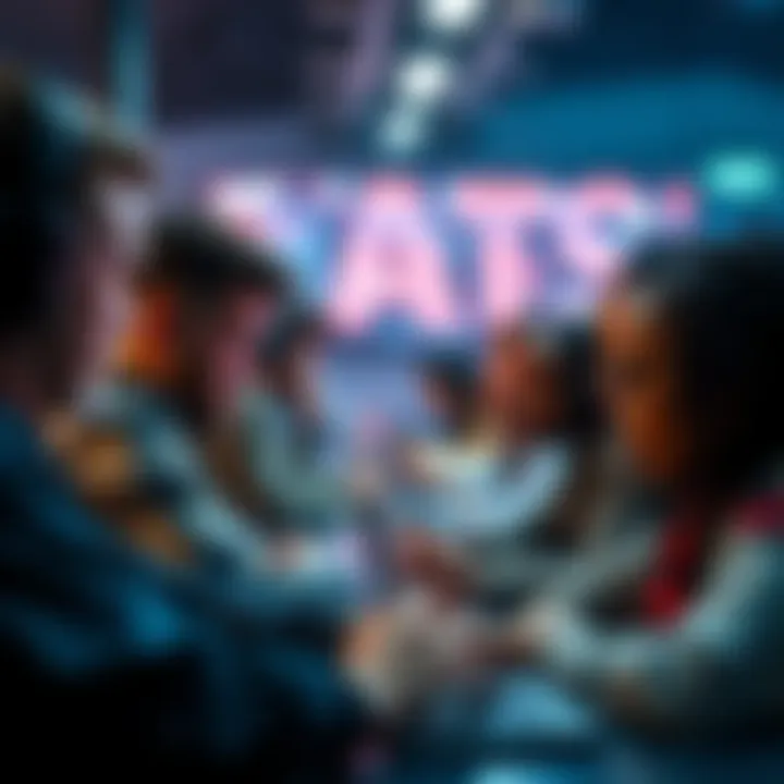A group of diverse people intensely focused on their screens while discussing deep topics in an online forum