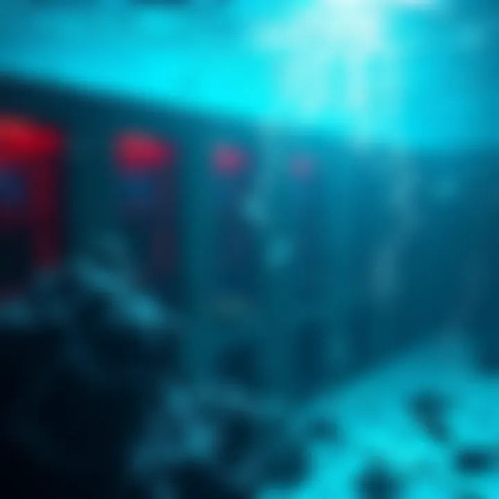 A futuristic view of data centers submerged underwater, surrounded by marine life, indicating the shift of tech companies to ocean locations due to land shortages.