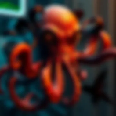 Octopus Model in Game An octopus-like creature with textured skin, spinning and releasing dark ink, obscuring the game environment.
