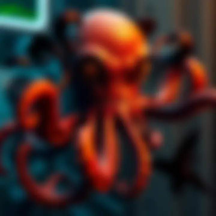Octopus Model in Game An octopus-like creature with textured skin, spinning and releasing dark ink, obscuring the game environment.