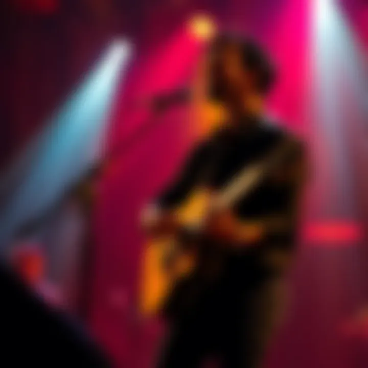 A musician playing guitar and singing on stage, capturing the audience's attention with the song Unfaithful