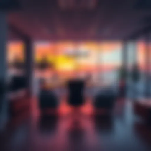 An indoor office shot edited to look like a vibrant sunset beach scene with realistic lighting and shadows.