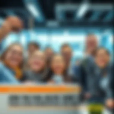 A group of employees smiling and posing for selfies in an office setting, showcasing teamwork and fun.