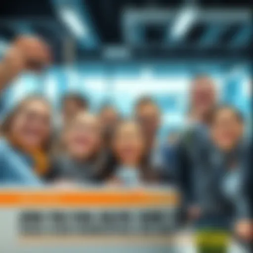 A group of employees smiling and posing for selfies in an office setting, showcasing teamwork and fun.