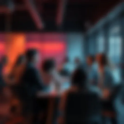 A group of office workers in a meeting room talking about recent layoffs at ClickUp