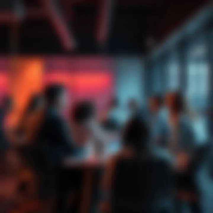 A group of office workers in a meeting room talking about recent layoffs at ClickUp