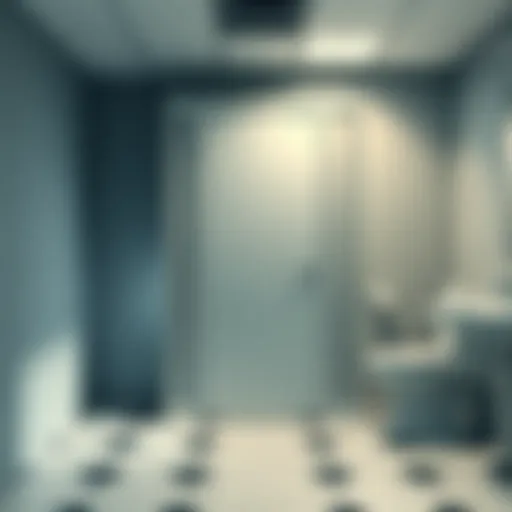 A closed bathroom stall door in an office setting, symbolizing a workplace incident