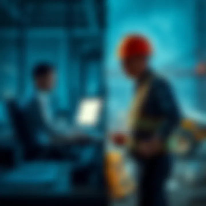 A split image showing an office worker at a desk and a blue-collar worker on a construction site, highlighting the gap between the two jobs.