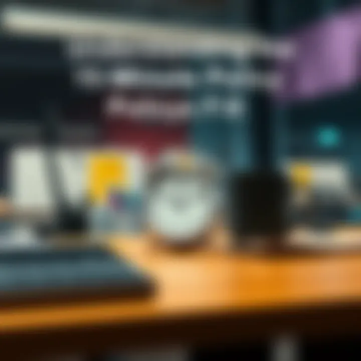 Office desk with clock A workplace scene showing a desk with a clock and a coffee mug, illustrating the concept of taking short breaks during office hours.