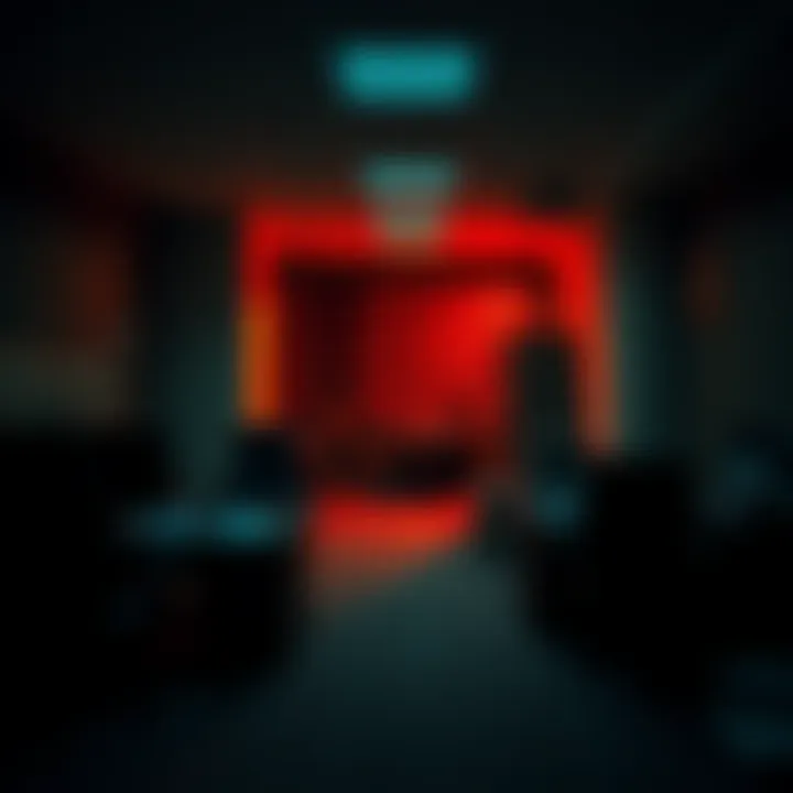 A dimly lit corporate office with eerie shadows and an abandoned desk, hinting at hidden secrets and tension.