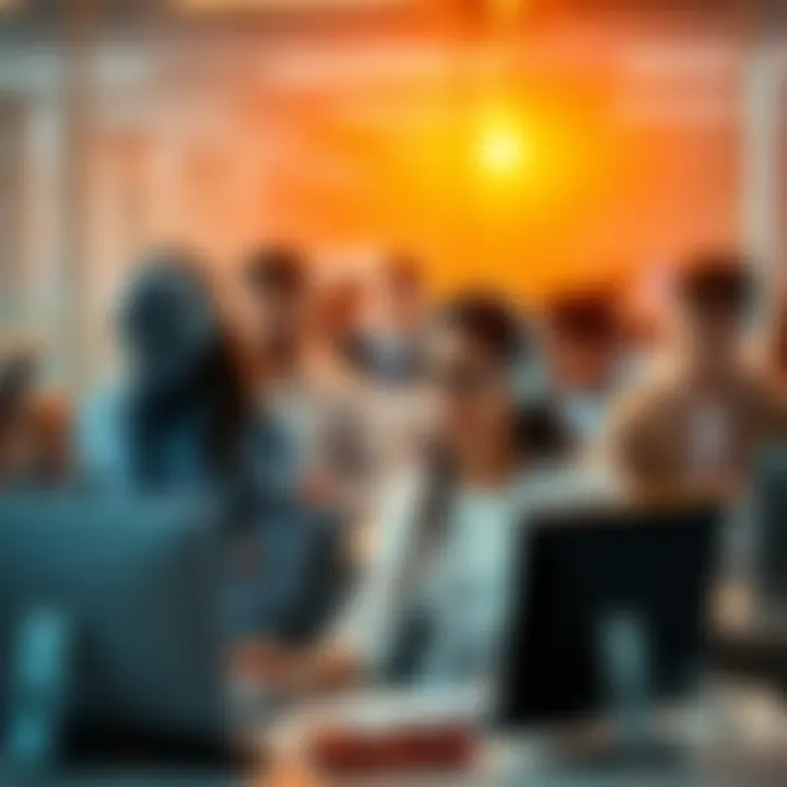 A diverse group of office workers interacting with AI tools and technology, symbolizing the future of white-collar jobs.