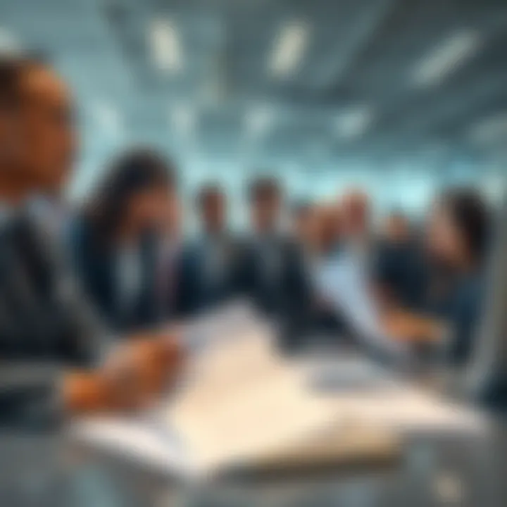 Diverse group of office employees reviewing resignation letters in a corporate setting