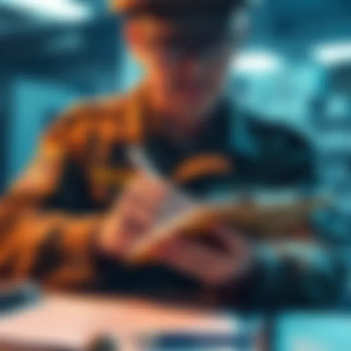 An officer in military attire takes notes on a notepad while planning a strategy for resource management in a war scenario.