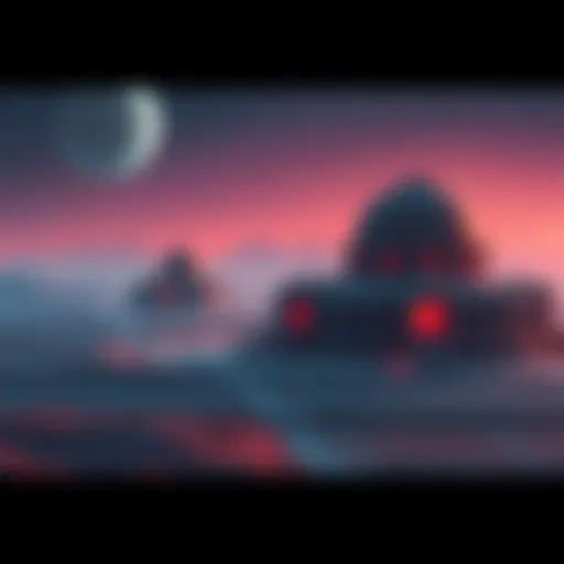 A futuristic depiction of a Roman colony on an alien planet, featuring domed structures and agricultural fields under a starry sky.