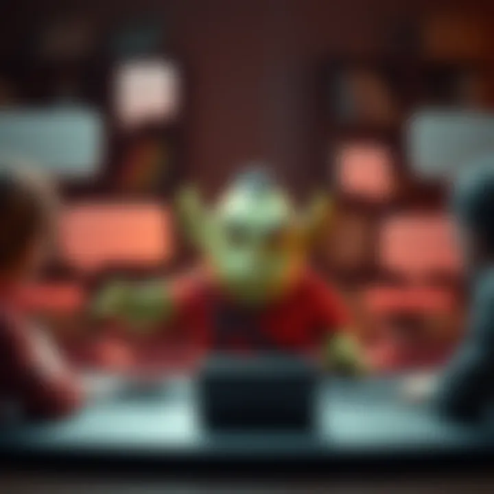 A cartoon ogre placed in the middle of online chat bubbles, symbolizing distractions in serious discussions.