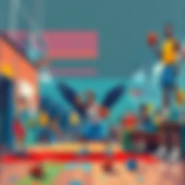 An oil painting showing a colorful scene inspired by low-poly graphics from NBA Live 98, featuring simplified characters and exaggerated forms in a modern art style.