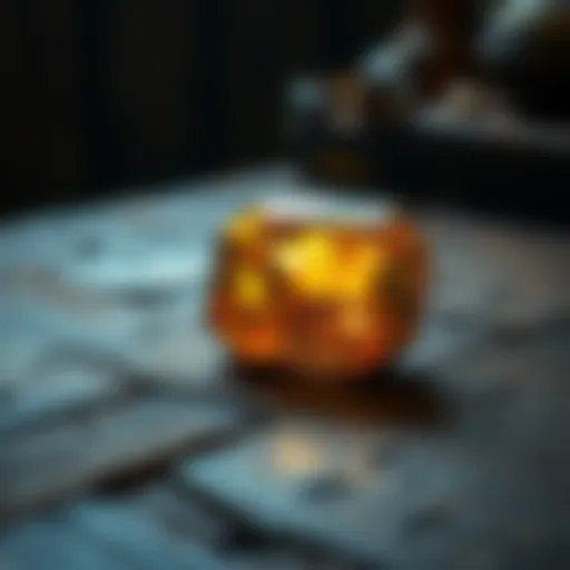 A sparkling old gem resting on a rustic table, surrounded by soft lighting to highlight its beauty