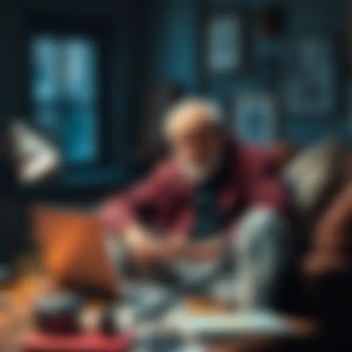An elderly man sitting in a cozy room, sharing his thoughts on how AI can boost creativity, with a laptop on the table and art supplies around.
