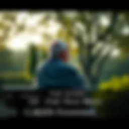 An elderly man sitting alone on a bench, gazing thoughtfully into the distance, surrounded by trees.