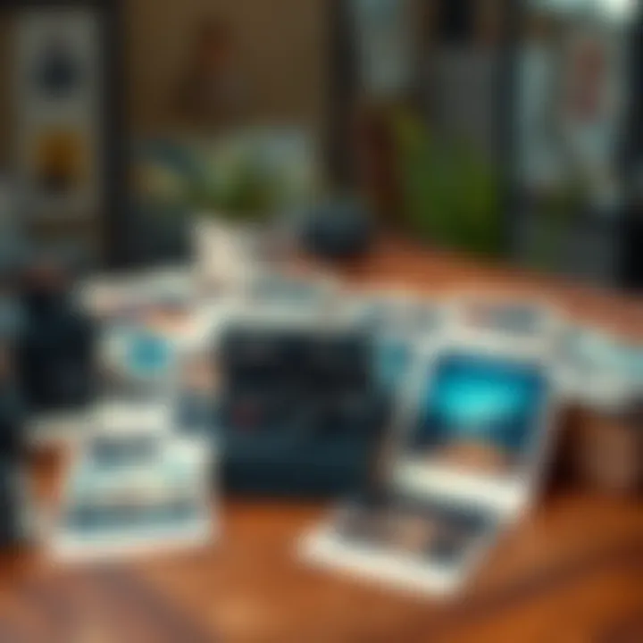 A set of vintage Polaroid photos displayed on a wooden table, sparking curiosity among onlookers.