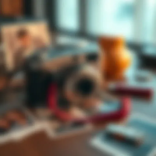 A vintage Sony Cybershot camera sits on a table, surrounded by college photo prints and a memory stick, evoking nostalgia.