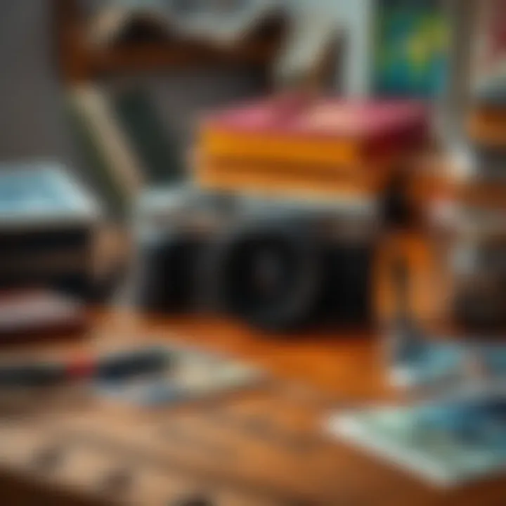 A vintage Sony Cybershot camera on a wooden table, surrounded by college memorabilia like books and photos, symbolizing nostalgia.