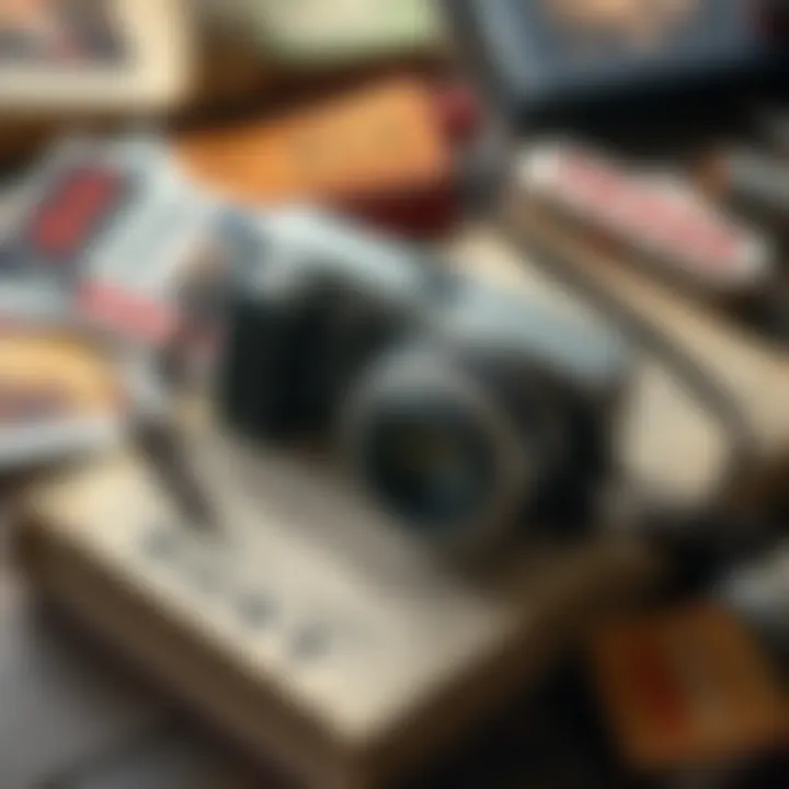 A vintage Sony Cybershot camera resting on a college textbook, surrounded by nostalgic items like tickets and photos.