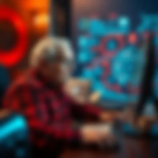An older person sitting at a computer, looking at AI-related information with a thoughtful expression.