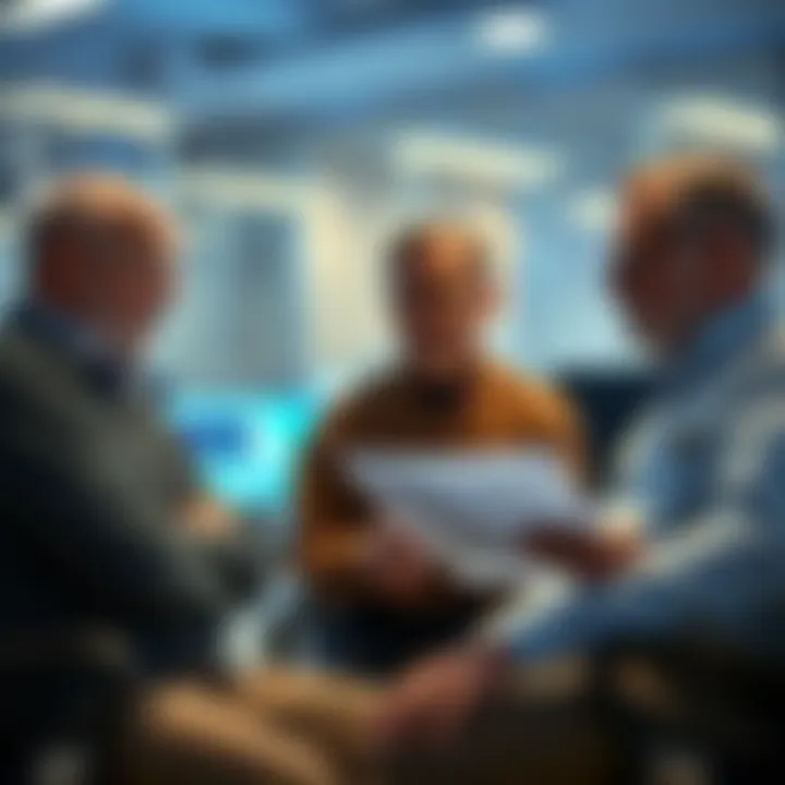 Older tech workers looking at retirement plans while sitting in a modern office setting.