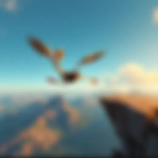 Ollie, a stylized ostrich, making a comedic leap off Skyfall Ridge, wings flapping and a determined expression on his face.
