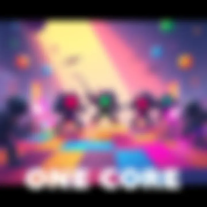 ONE CORE Game Cover A vibrant illustration of the ONE CORE game featuring five energy cores in action, battling enemies on a colorful floor with a local PvP scene in the background.