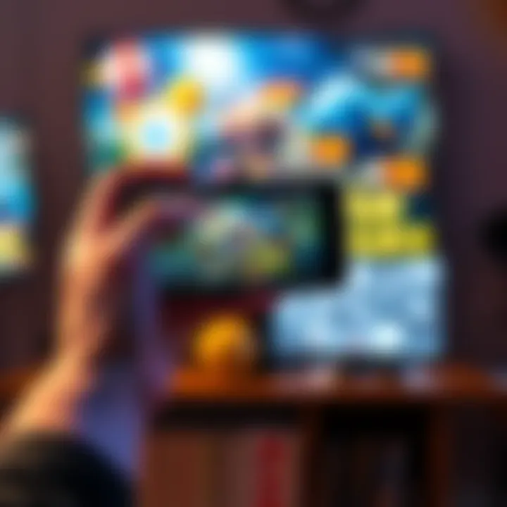 One-Handed Mobile Gaming A person playing a mobile game with one hand, holding a smartphone in portrait mode, surrounded by various game icons on the screen.