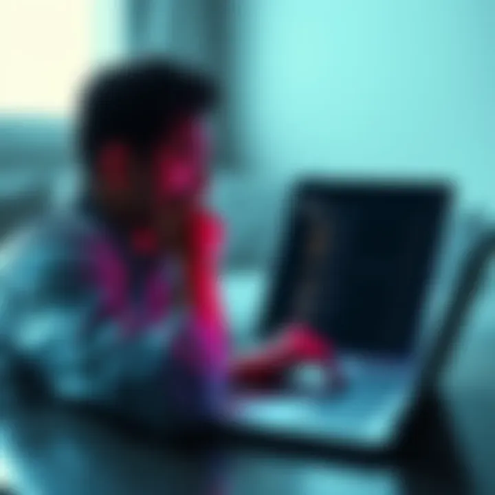 A digital scene showing a person looking distressed while reading negative comments on a laptop screen, illustrating the impact of online hate.