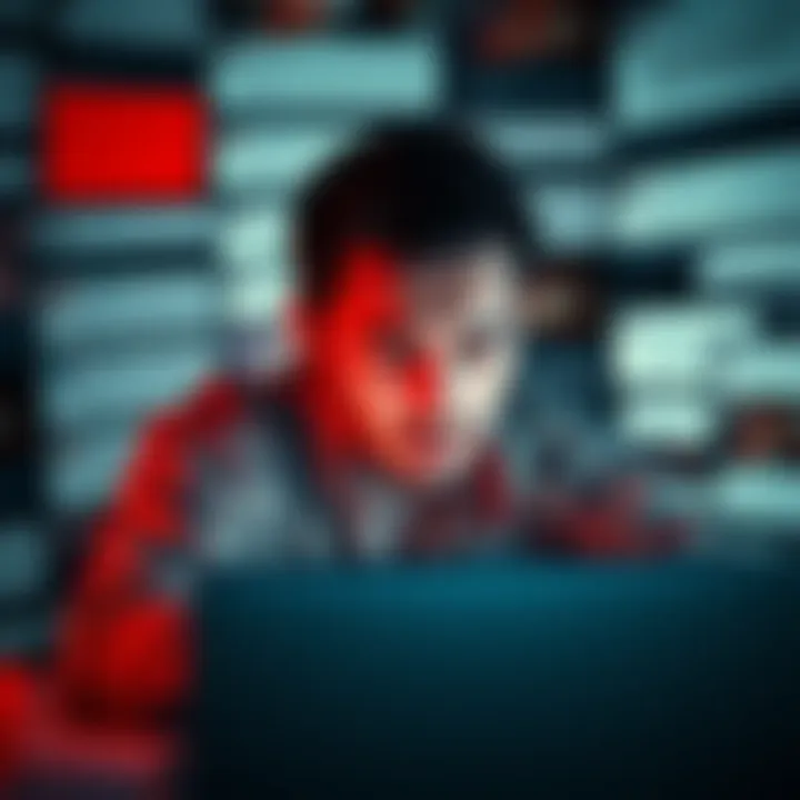 A man looking distressed while sitting at a computer, surrounded by negative comments on the screen related to a recent tragedy.