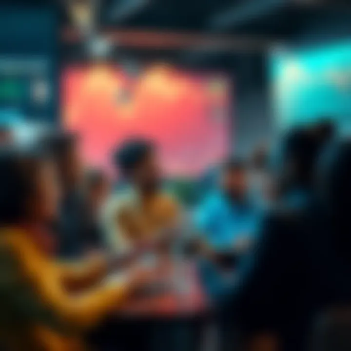 A group of diverse people engaging in a lively discussion on a forum platform, exchanging ideas and opinions.