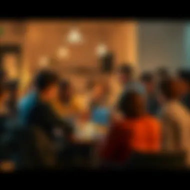 A group of people sitting around a table, discussing ideas and exchanging information in a lively setting reminiscent of early online forums.