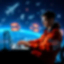 A person studying on a laptop with aerospace images, including satellites and aircraft, in the background.