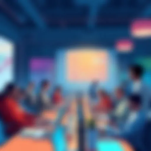 Illustration showing diverse people collaborating on open source projects related to Agent Governance with laptops and coding screens in a vibrant workspace