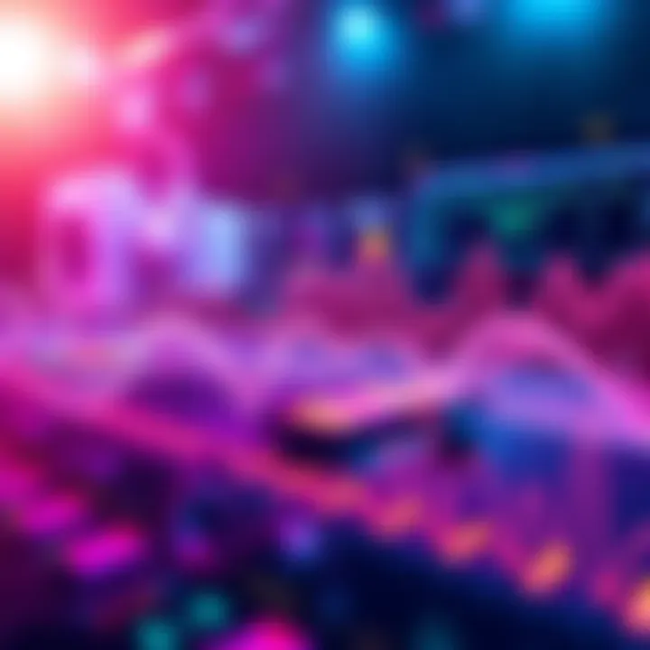 A vibrant graphic showing visual elements and sound waves representing audio-visual software development