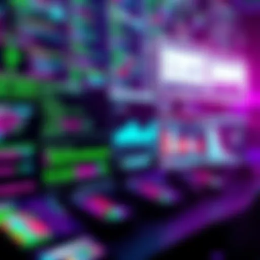A visual representation of open source software with coding symbols and computer screens showing performance metrics.