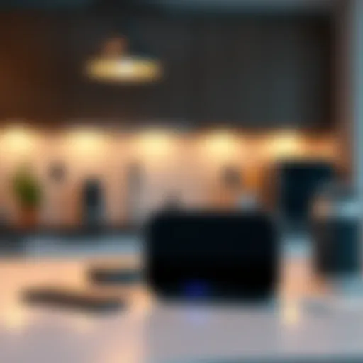 A sleek home assistant device with digital display and voice activation, resembling Open AI's technology, sitting on a modern kitchen counter alongside smart home gadgets.