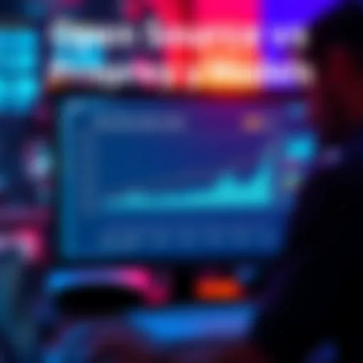 A computer screen displays a chart comparing the performance of open source models against proprietary models, highlighting a significant gap. The background shows a person analyzing data on a laptop.
